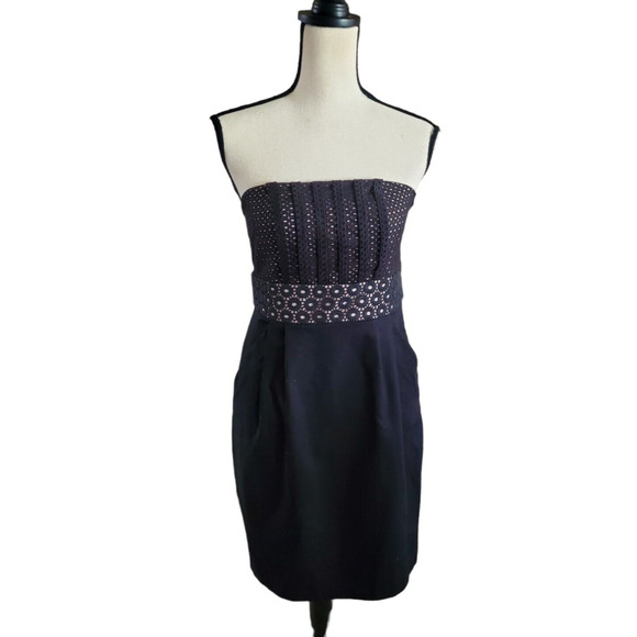 LOFT Dresses & Skirts - Ann Taylor Loft Black & Tan Eyelet Overlay Strapless Cotton Sheath Dress LBD 4